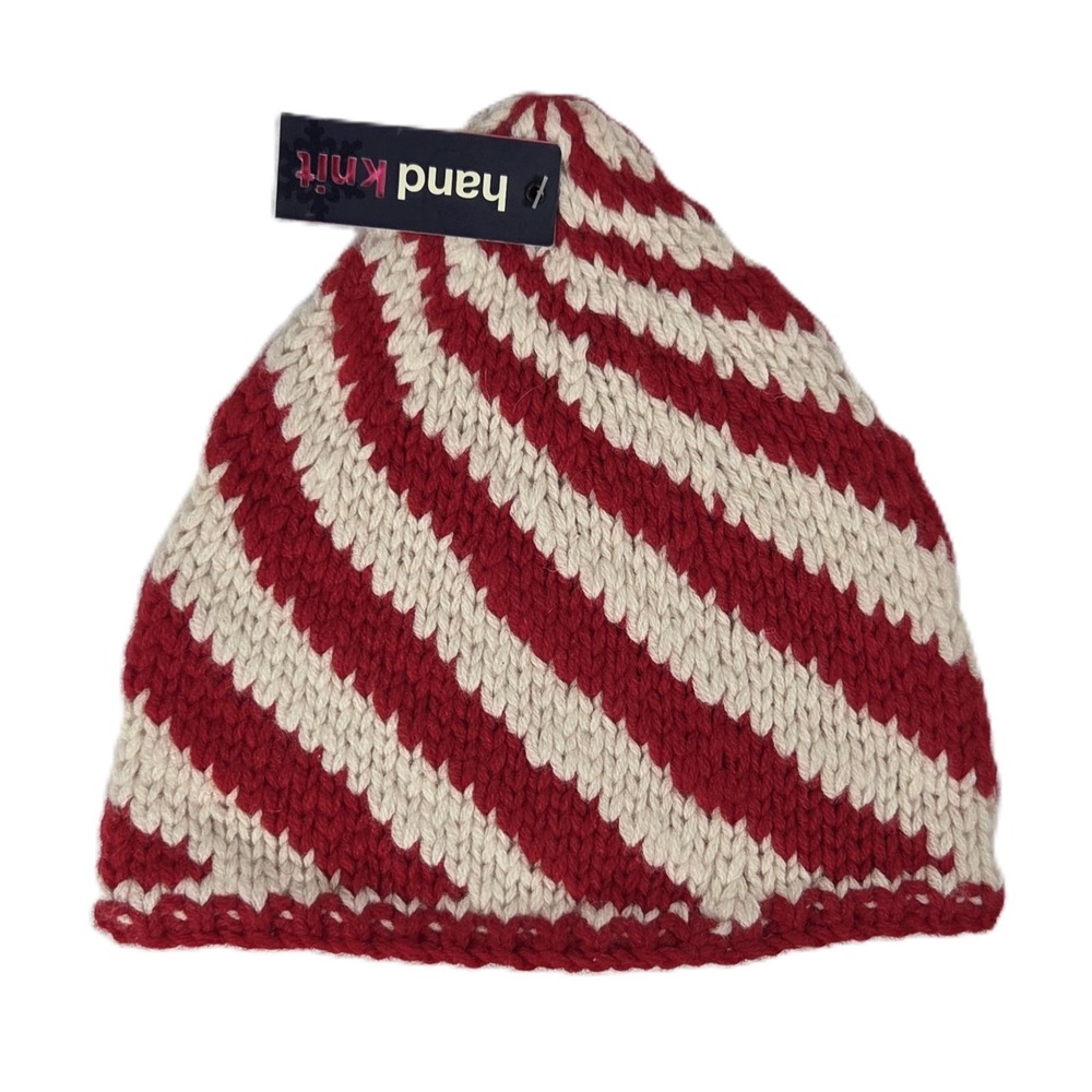 Gap Kids Hand Knit 100% Lambs Wool Swirl Beanie Hat Red Cream S/M Winter Cap NWT